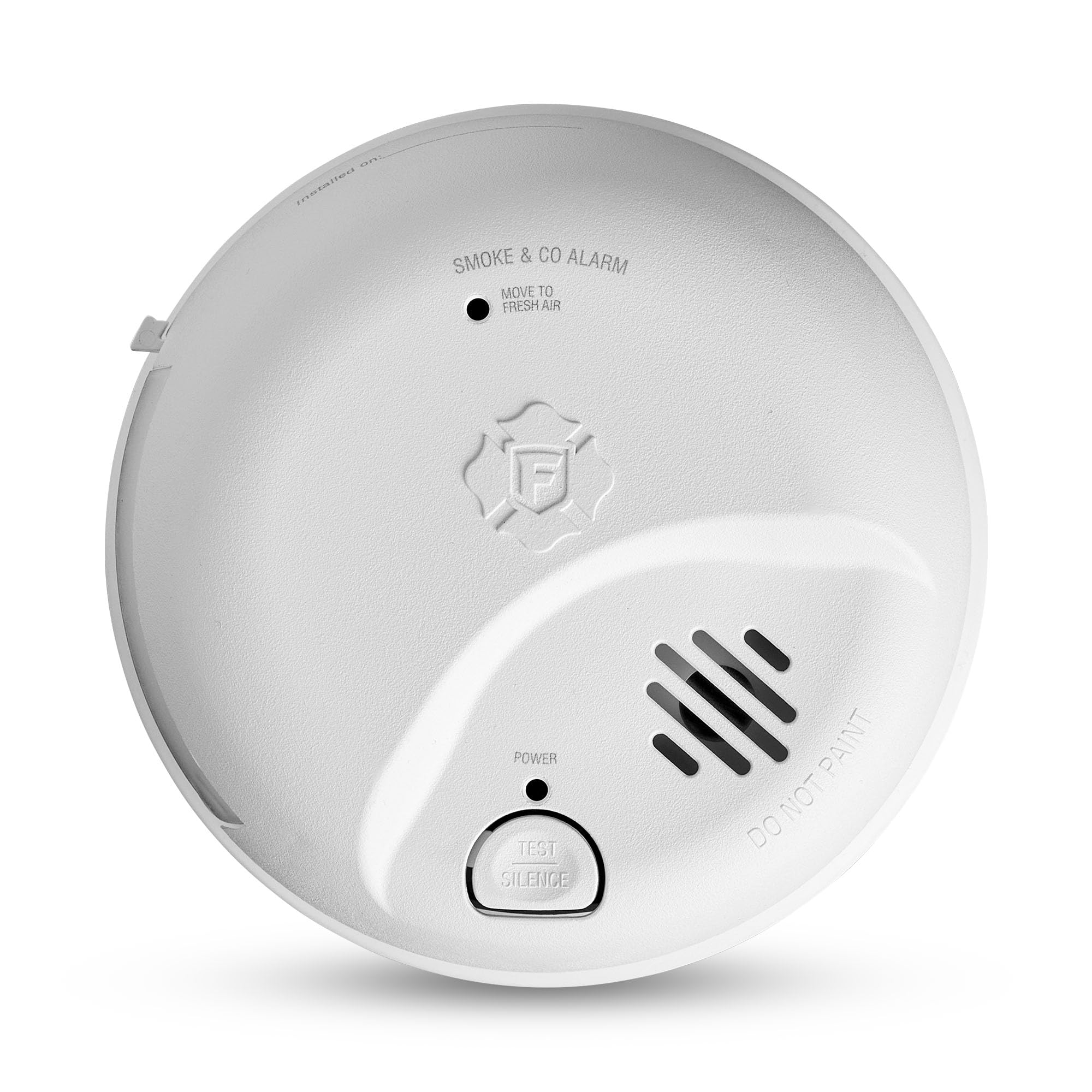 First Alert SMICO100-AC interconnected smoke and CO alarm front view for wall mounting.