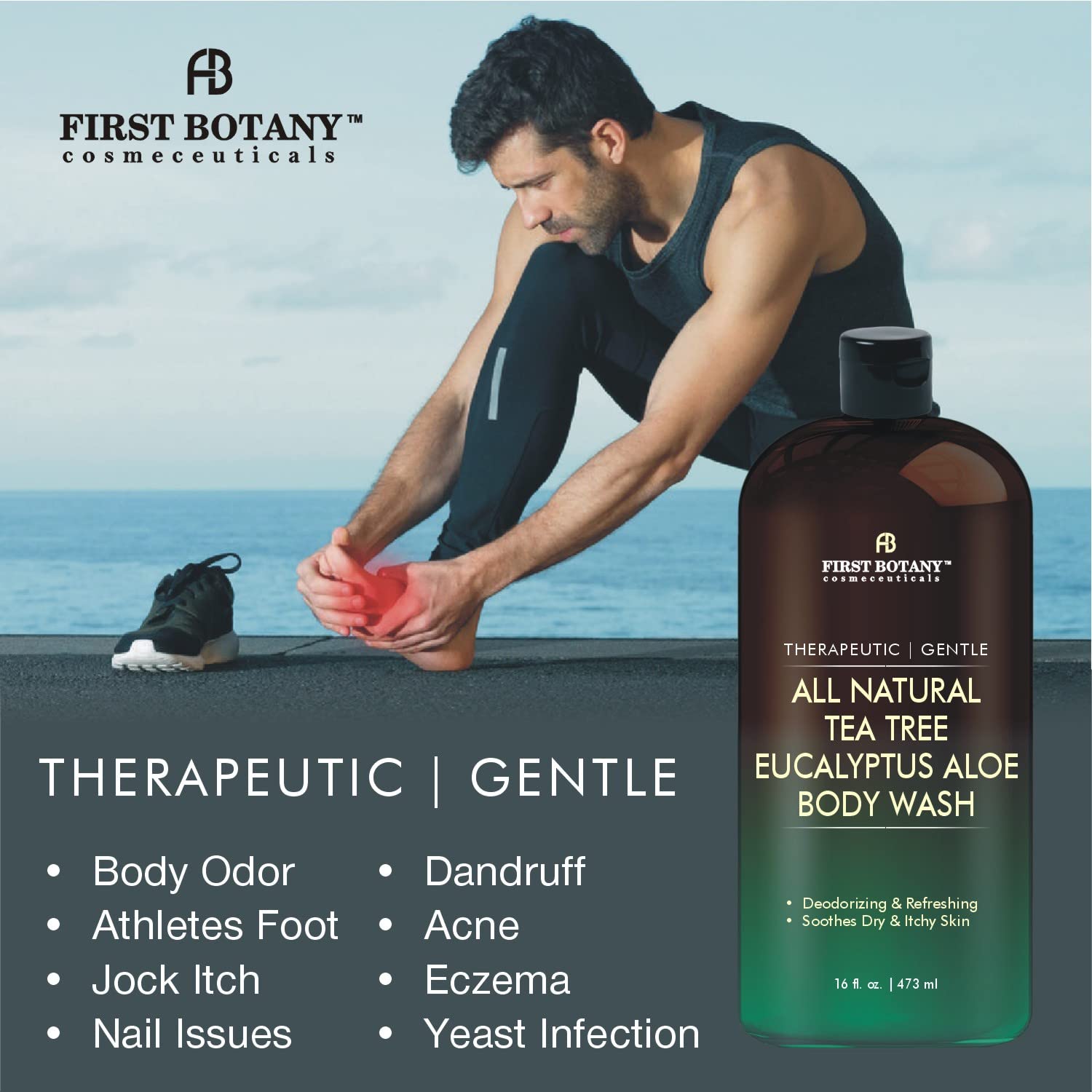 Active athlete uses First Botany body wash during gym routine for freshness.