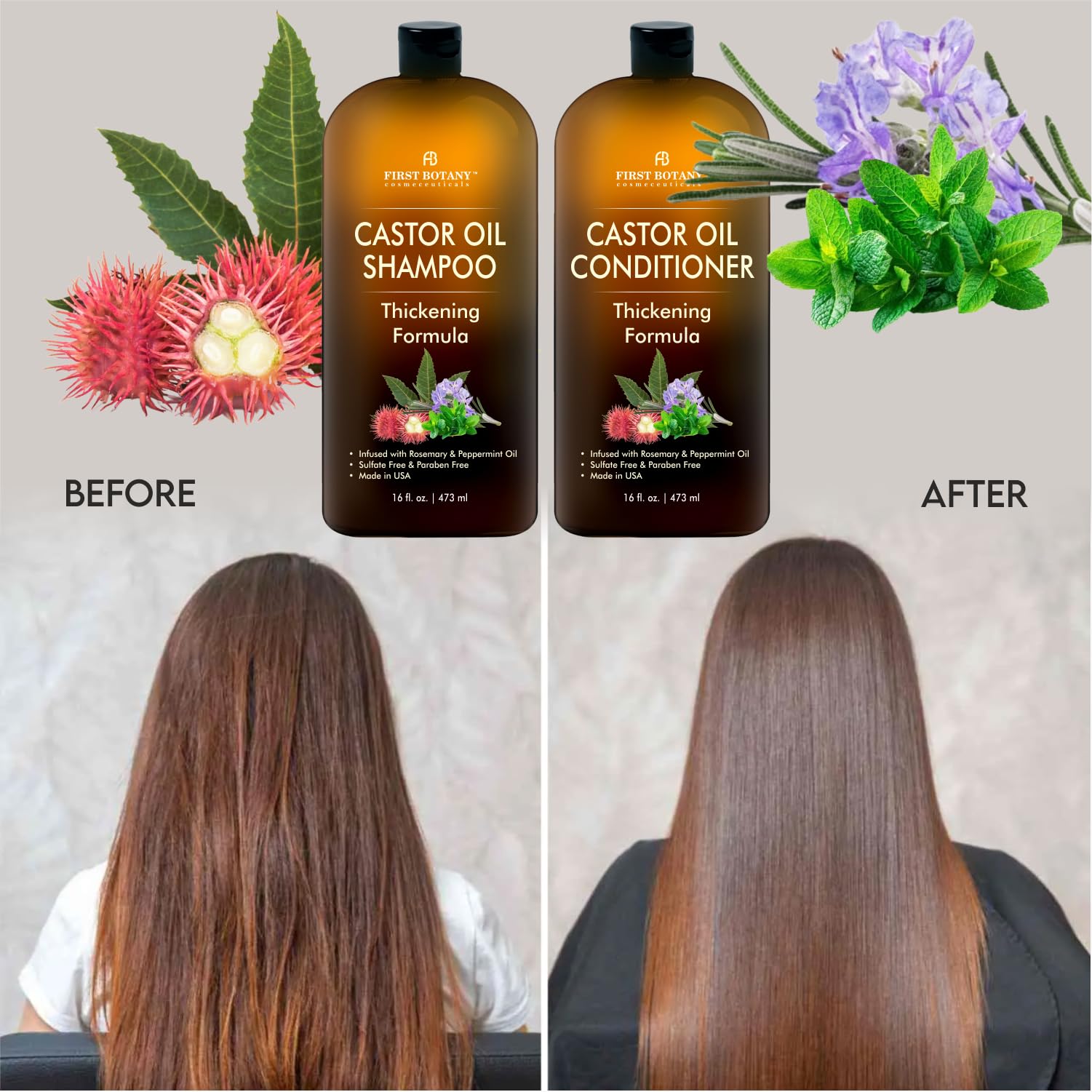 First Botany Castor Oil Conditioner bottle provides deep hydration for shine and softness.