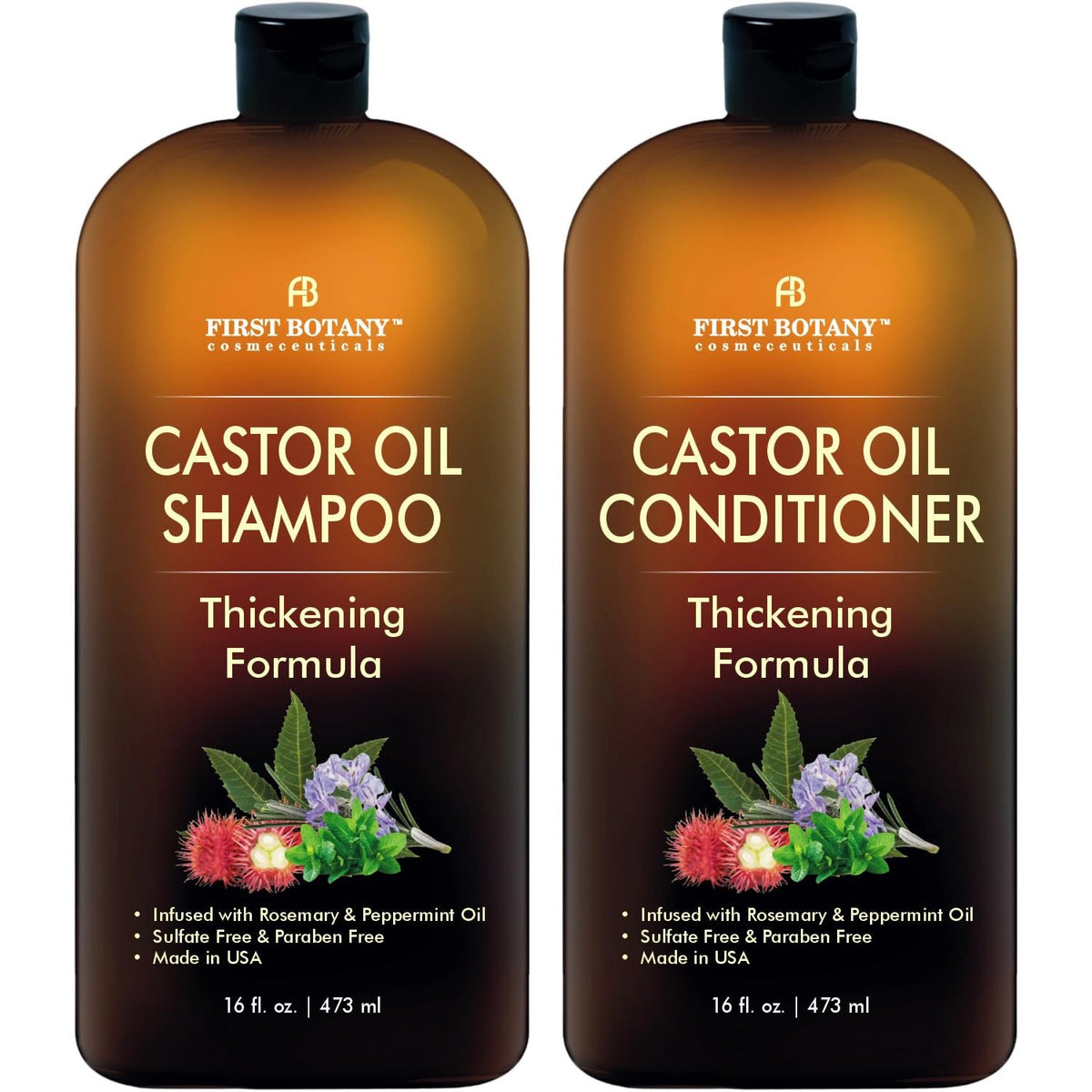 First Botany Castor Oil Shampoo bottle demonstrates a sulfate free formula for thicker looking hair.