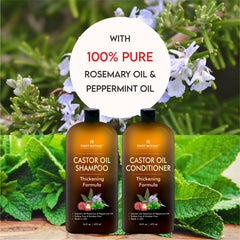 First Botany Castor Oil Shampoo label closeup highlights peppermint scent and sulfate free formula.