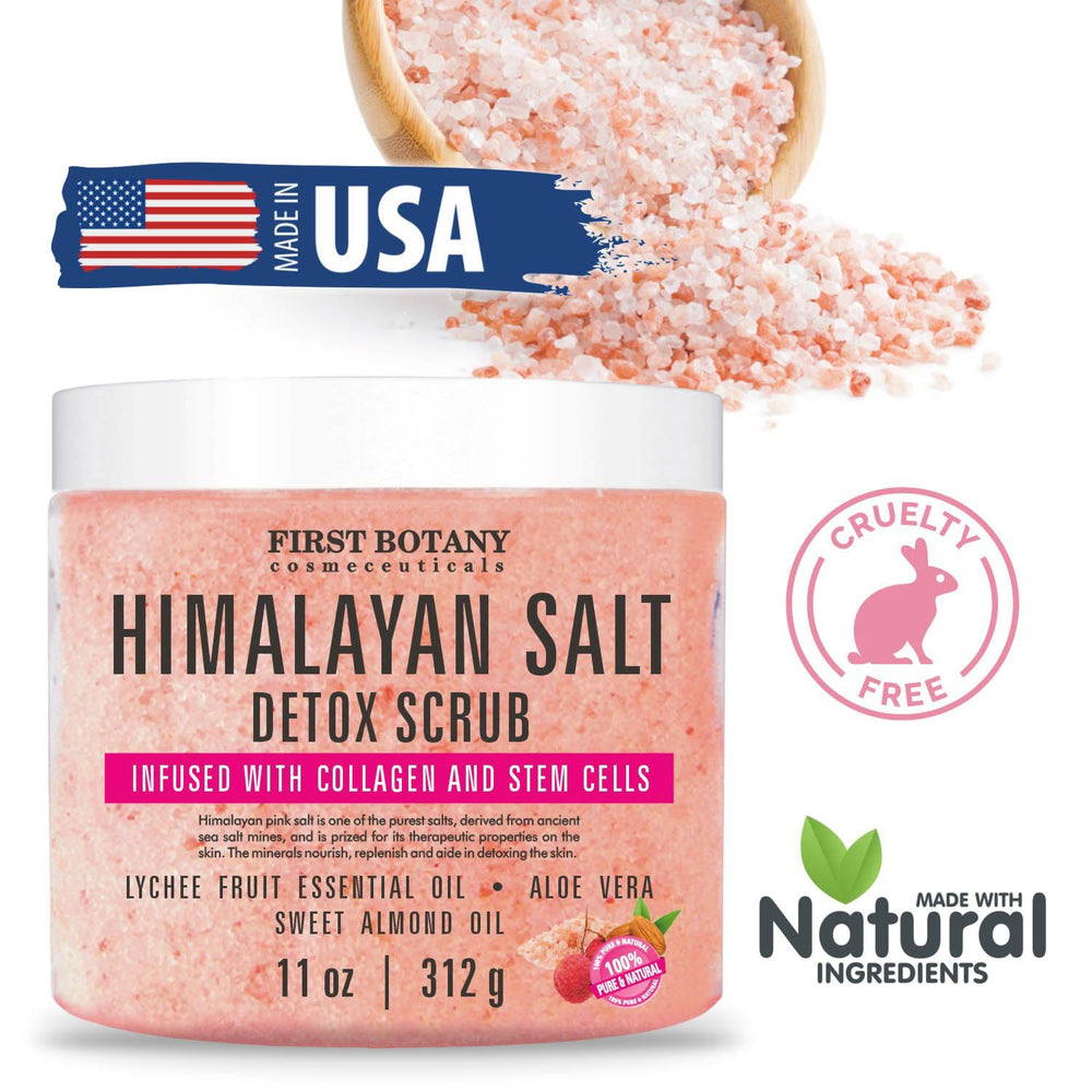 First Botany Himalayan Salt Scrub texture closeup shows crystal grains for gentle exfoliation