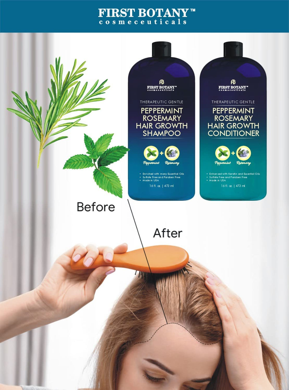 First Botany peppermint rosemary conditioner bottle delivering smoother hair and detangling ease.