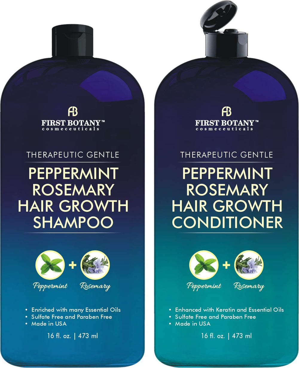 First Botany peppermint rosemary shampoo bottle for daily scalp refreshment.