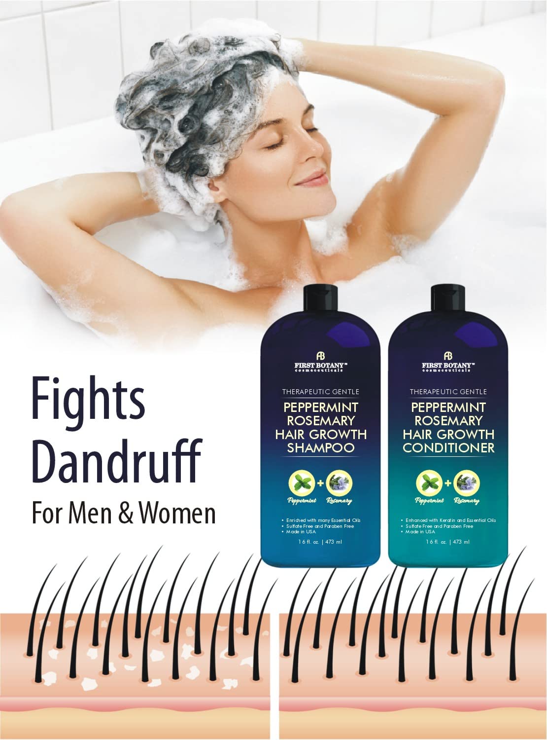 First Botany peppermint rosemary shampoo foam during application for a clean scalp.