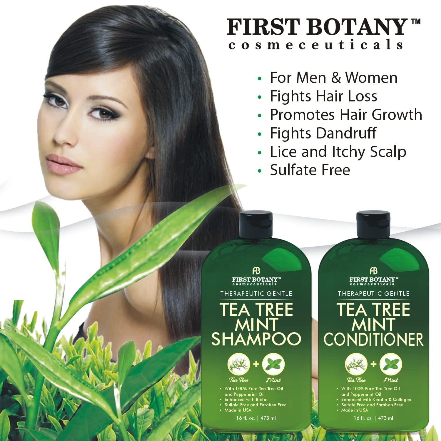 First Botany Tea Tree Mint Shampoo pour action with cooling scalp tingle.