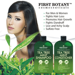 First Botany Tea Tree Mint Shampoo pour action with cooling scalp tingle.