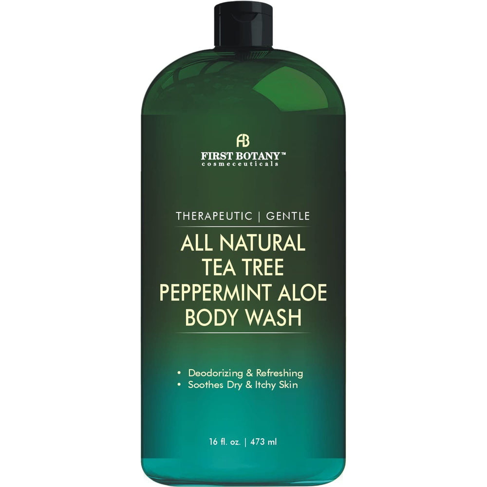 First Botany Tea Tree Mint shower bottle with label promotes refreshing cleanse.