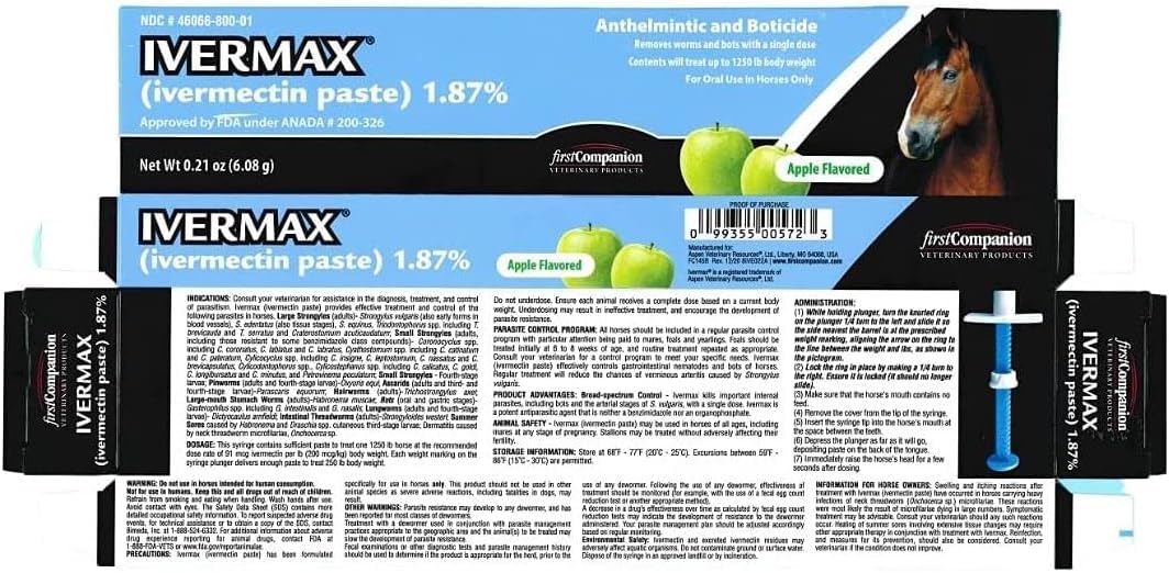 First Companion Ivermax paste 6.08g pack front for quick administration.