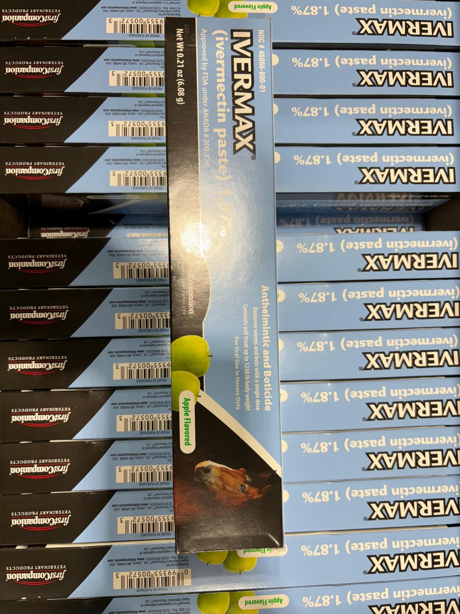 First Companion Ivermax paste on veterinary shelf communicates reliability and quality.