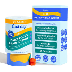 FIRST DAY Kids Focus bottle shows peach gummies for daily focus in kids.