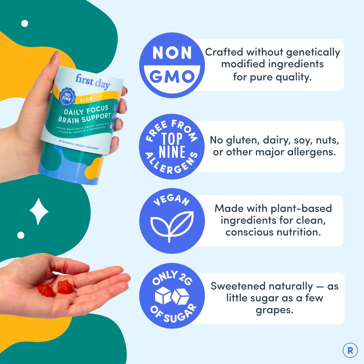 FIRST DAY Daily-use gummies shown for consistent routine.
