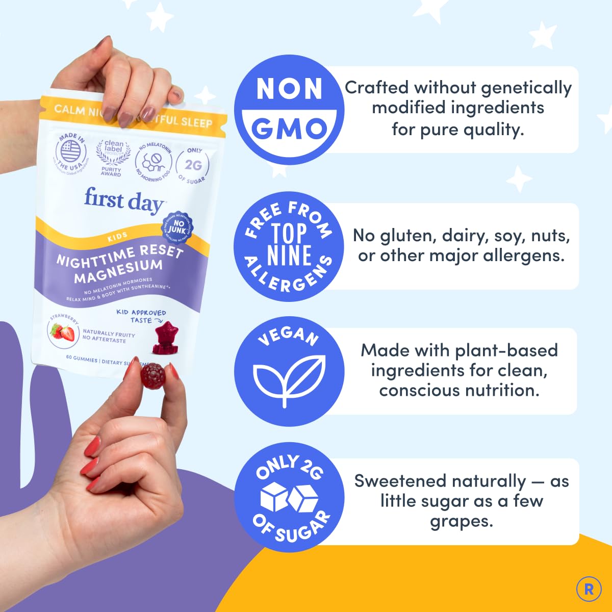 FIRST DAY Kids Magnesium Citrate Gummies dose panel highlights 2 g sugar per serving.