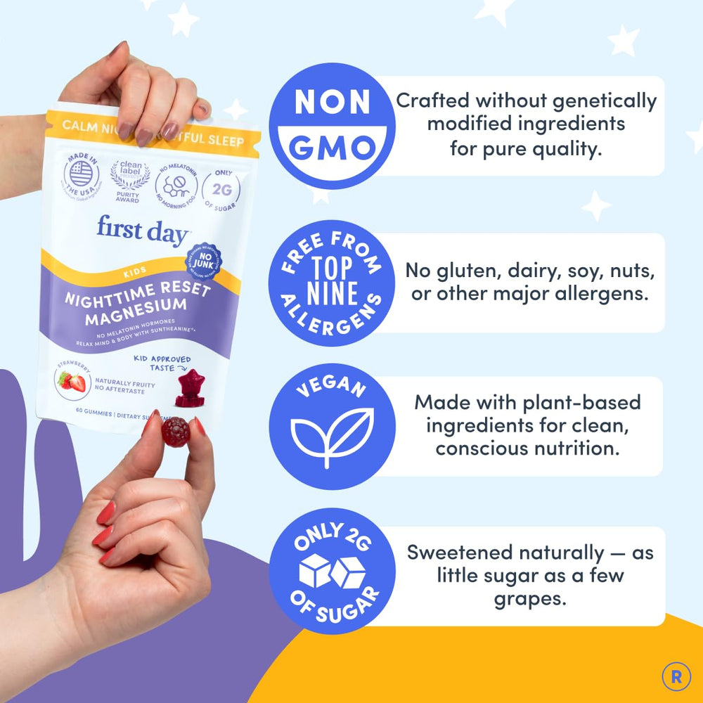 FIRST DAY Kids Magnesium Citrate Gummies dose panel highlights 2 g sugar per serving.
