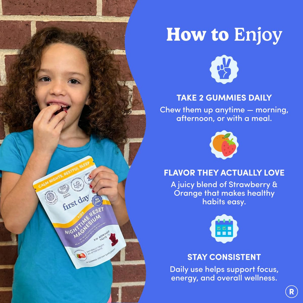 FIRST DAY Kids Magnesium Citrate Gummies storage scene conveys safe bedtime routine.