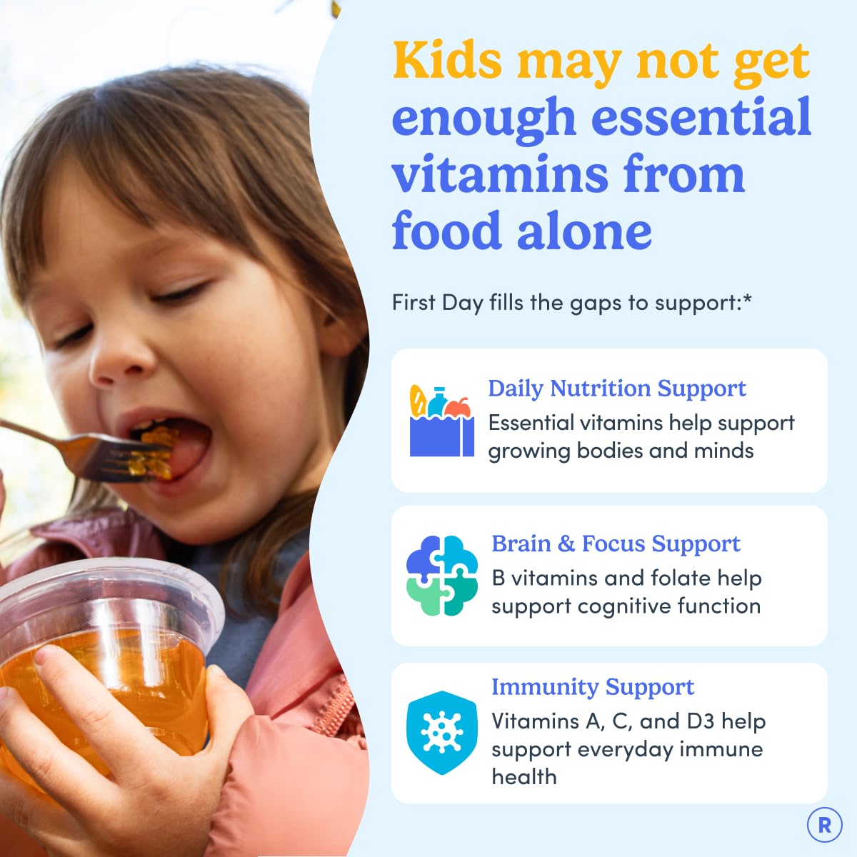 First Day Kids Multivitamin Gummies bottle pour shows easy-to-take snacks for busy mornings.