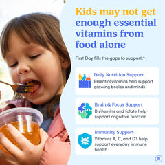 First Day Kids Multivitamin Gummies bottle pour shows easy-to-take snacks for busy mornings.