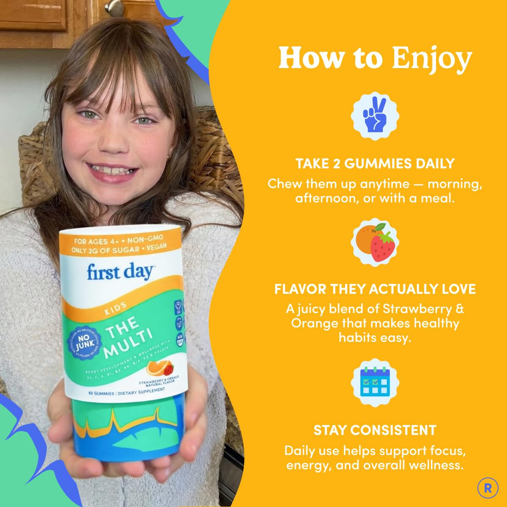 First Day Kids Multivitamin Gummies daily-use scene emphasizes routine nutrition.