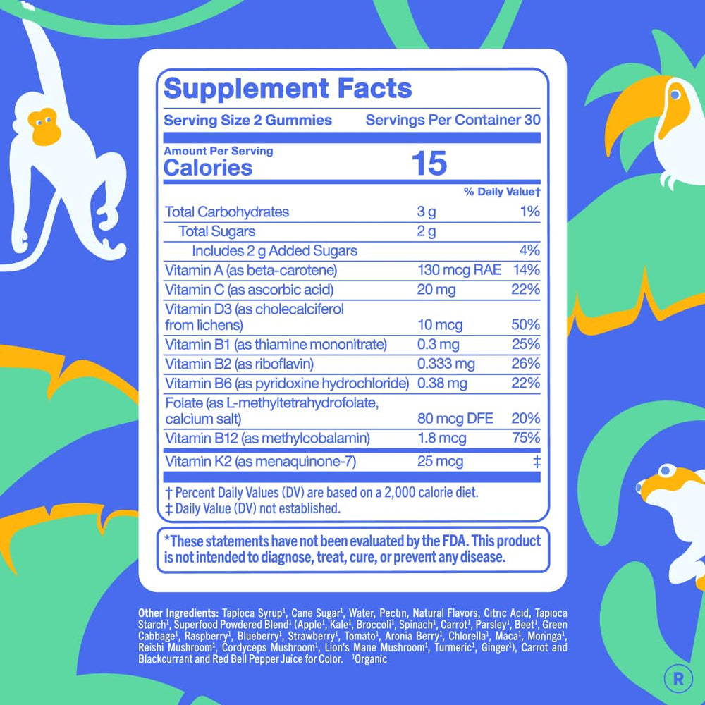 First Day Kids Multivitamin Gummies fruit flavors closeup highlights strawberry and orange tastes.