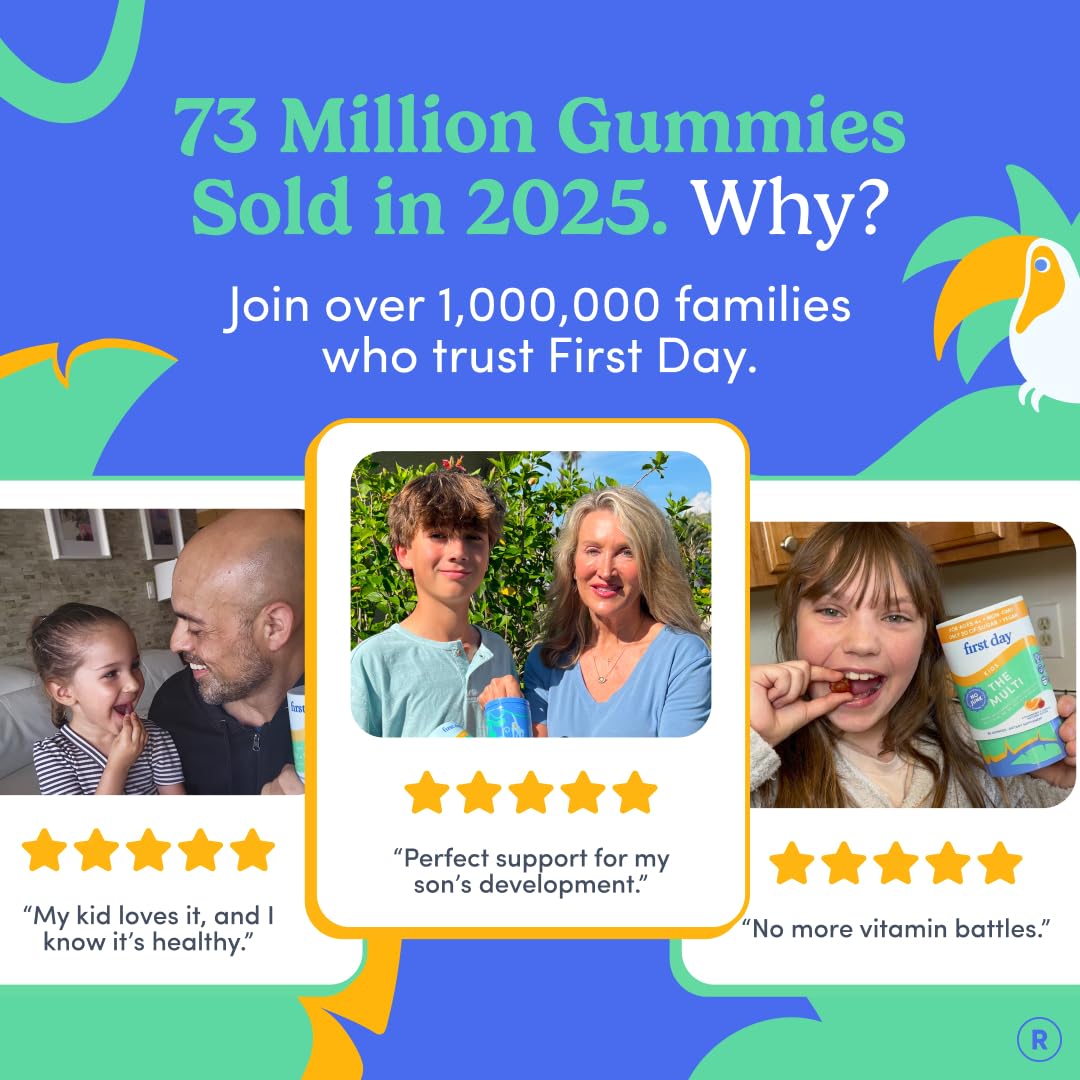 First Day Kids Multivitamin Gummies immunity-brain-focus line highlights potential cognitive support.