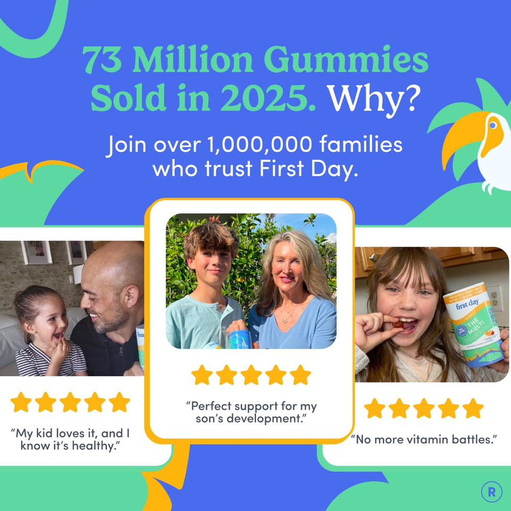 First Day Kids Multivitamin Gummies immunity-brain-focus line highlights potential cognitive support.