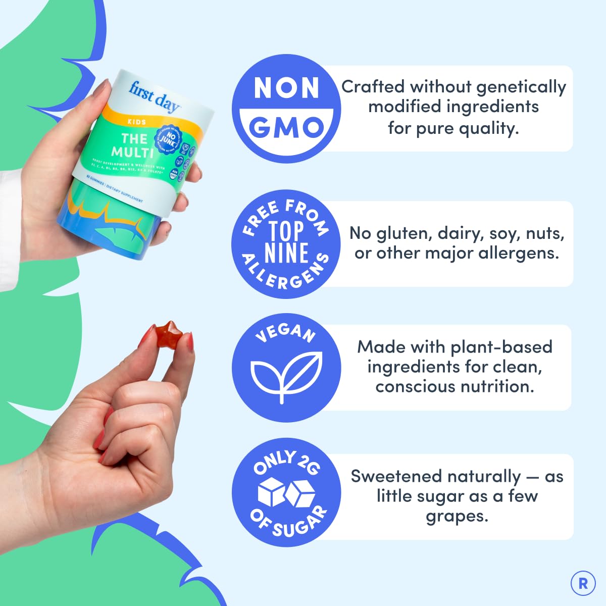 First Day Kids Multivitamin Gummies on snack time image shows convenient daily treat.
