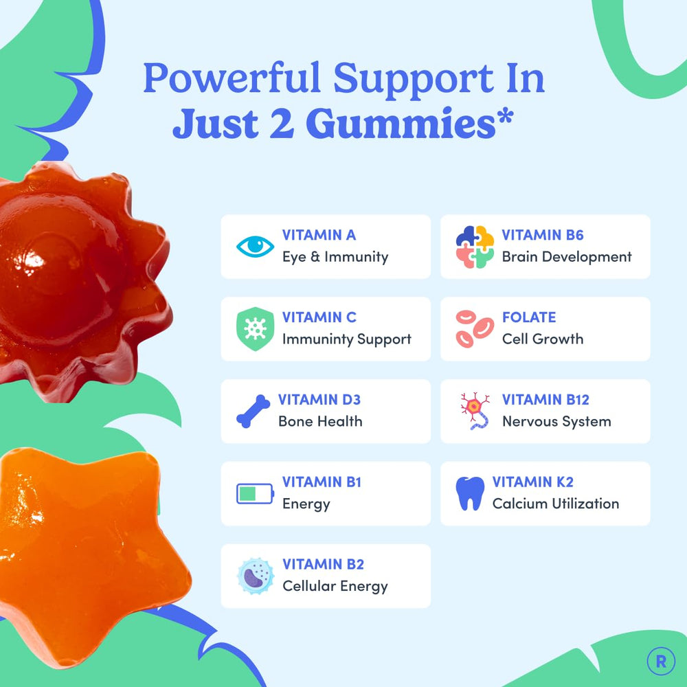First Day Kids Multivitamin Gummies vegan label signals plant-based friendly option.