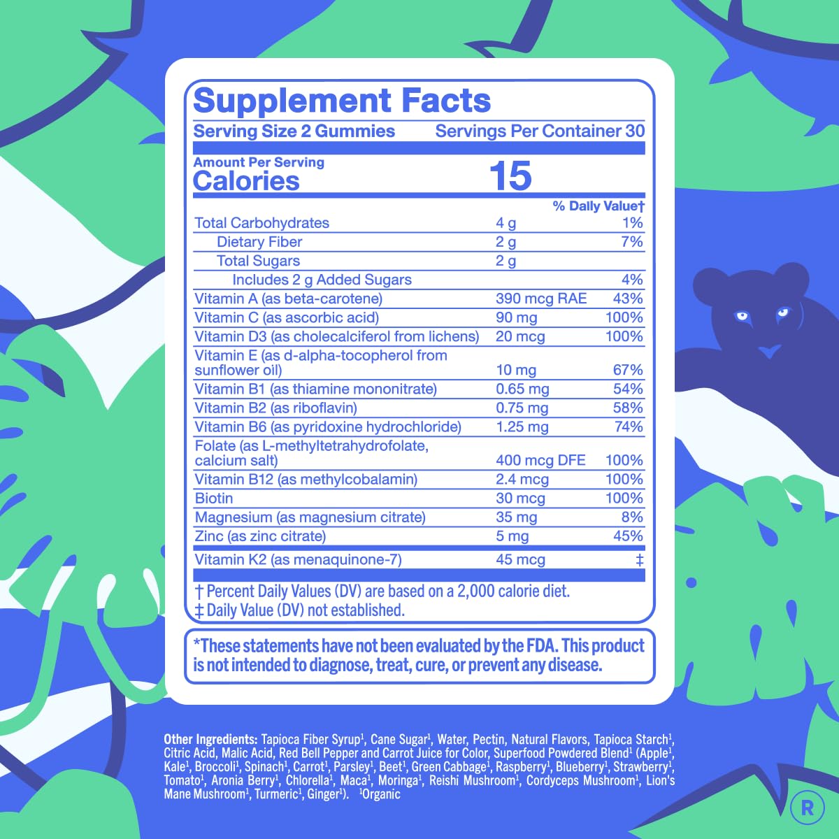 FIRST DAY multivitamin for men gummies closeup with 13 nutrients and organic fruits.