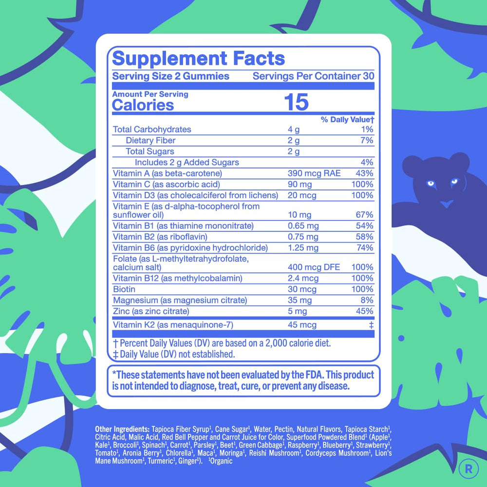 FIRST DAY multivitamin for men gummies closeup with 13 nutrients and organic fruits.