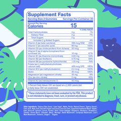 FIRST DAY multivitamin for men gummies closeup with 13 nutrients and organic fruits.
