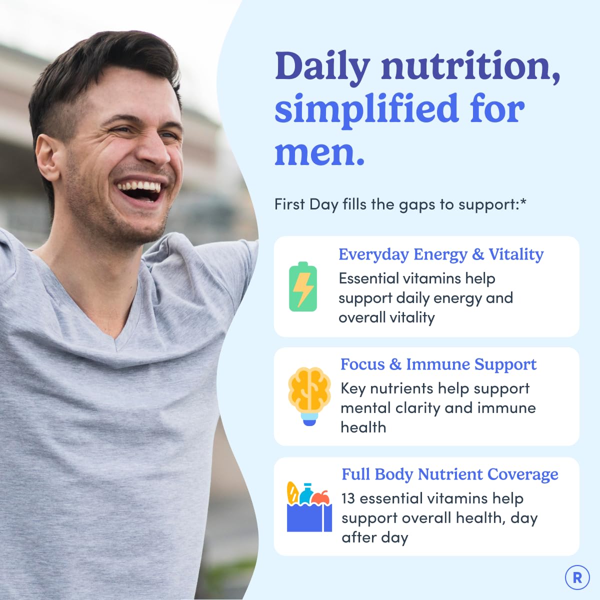 FIRST DAY multivitamin for men pour illustrates easy, ready-to-take gummies.