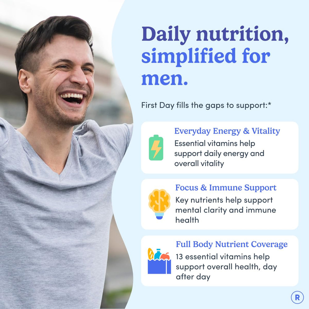 FIRST DAY multivitamin for men pour illustrates easy, ready-to-take gummies.