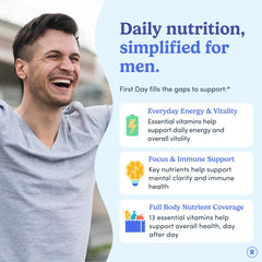 FIRST DAY multivitamin for men pour illustrates easy, ready-to-take gummies.