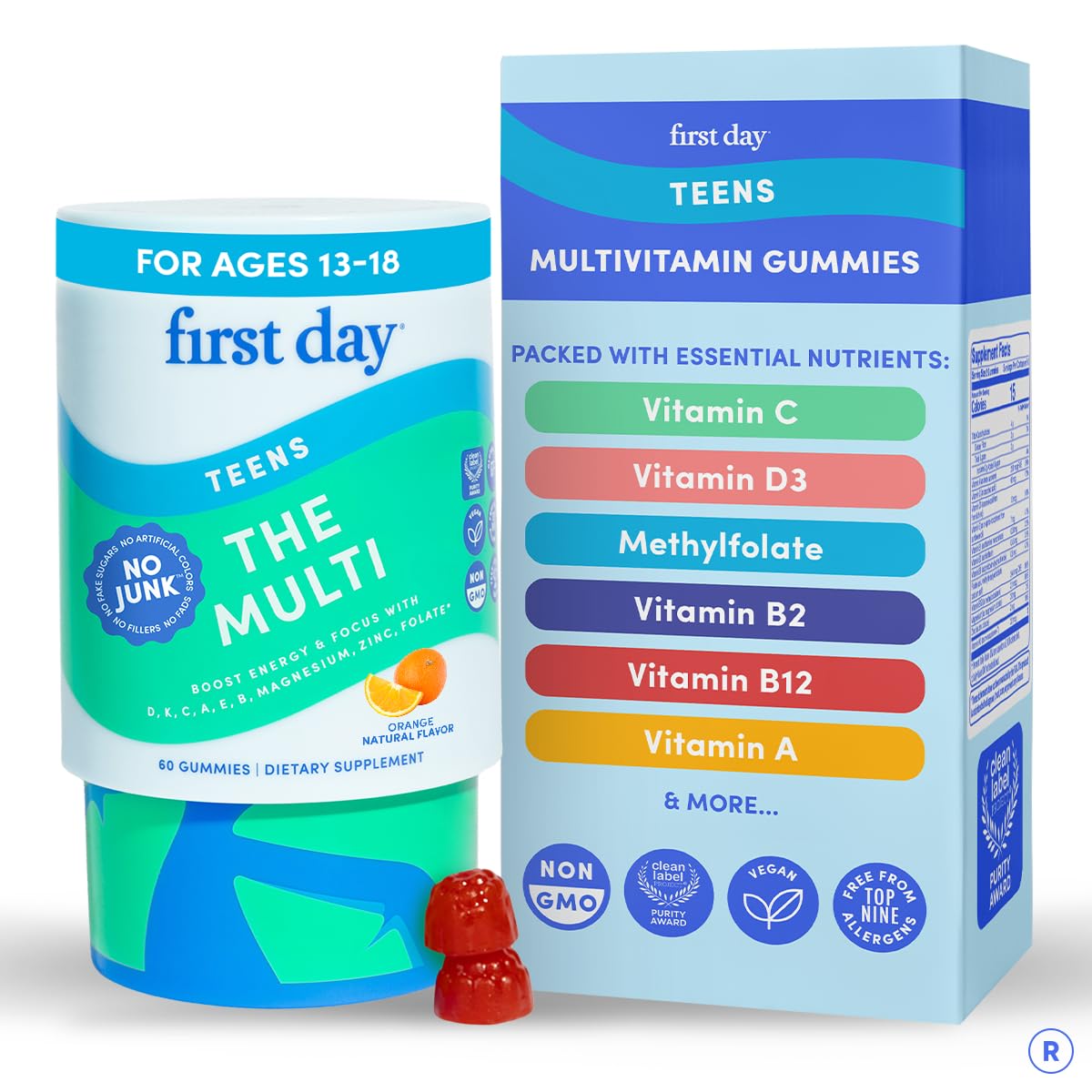 FIRST DAY Teens bottle front view, easy daily gummies for teen wellness