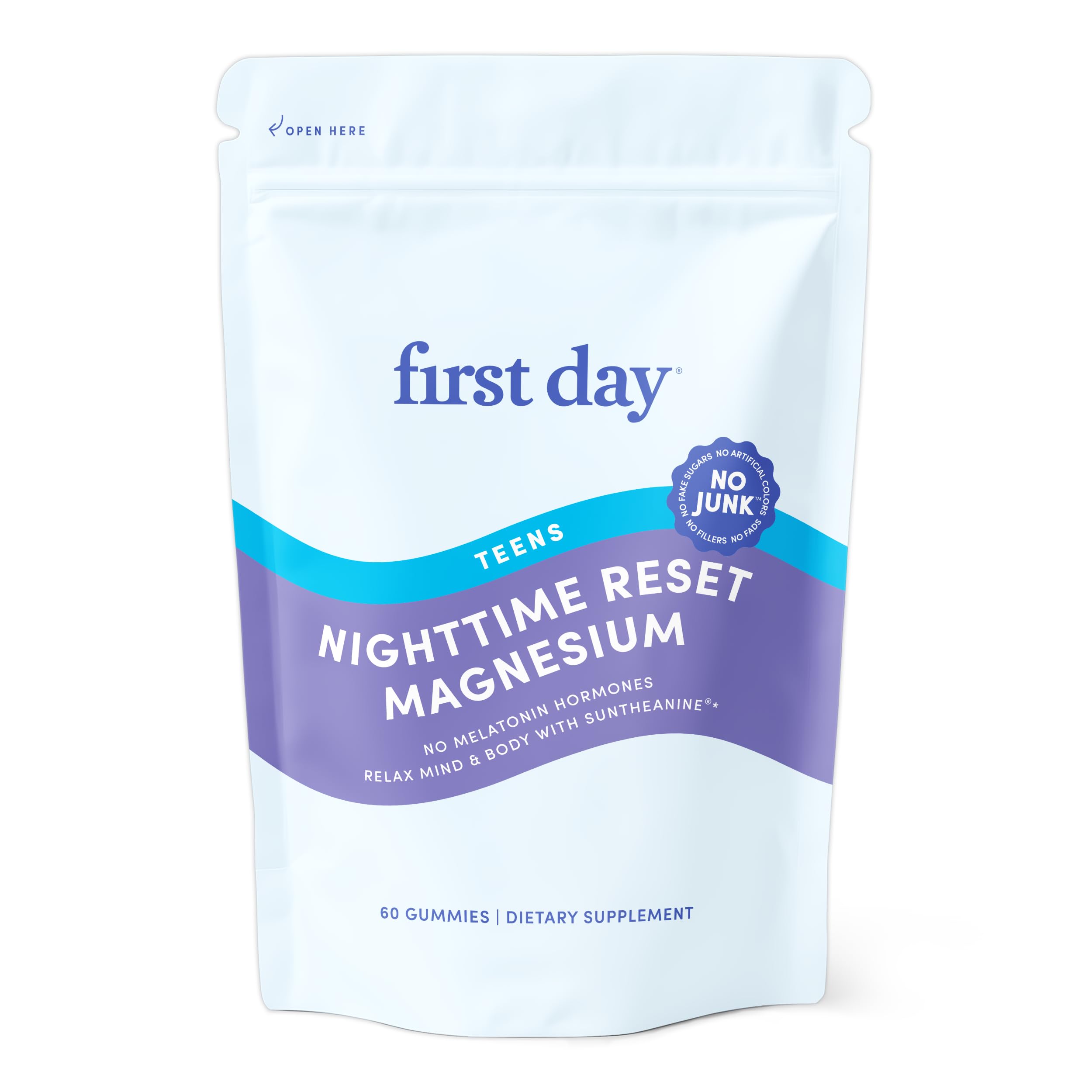 First Day Teens’ Nighttime Reset bottle with calming magnesium gummies for peaceful sleep.