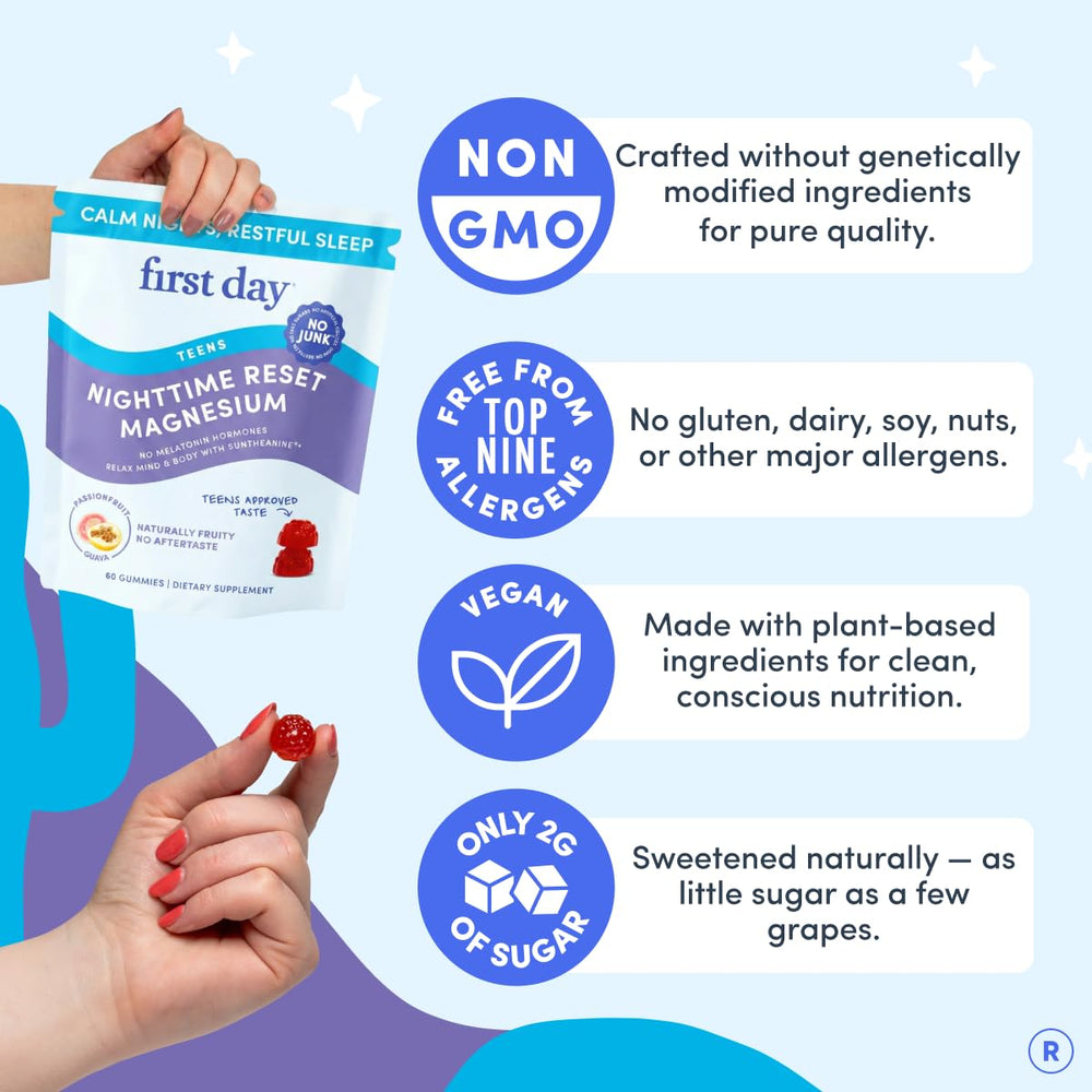 Packaging and branding of First Day Teens’ Nighttime Reset for easy nightly use.