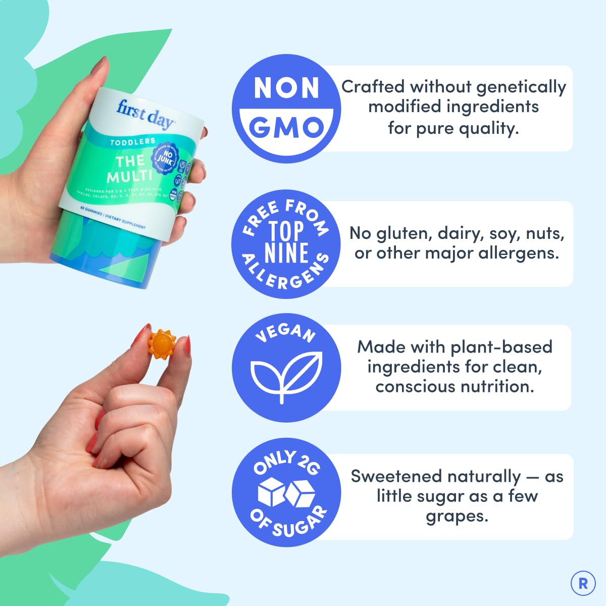 First Day Toddler Multivitamin Gummies on shelf with allergen-free claim