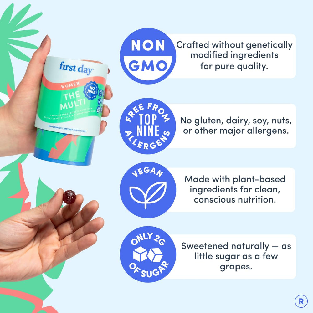 FIRST DAY gummies deliver natural flavor for enjoyable daily vitamins.