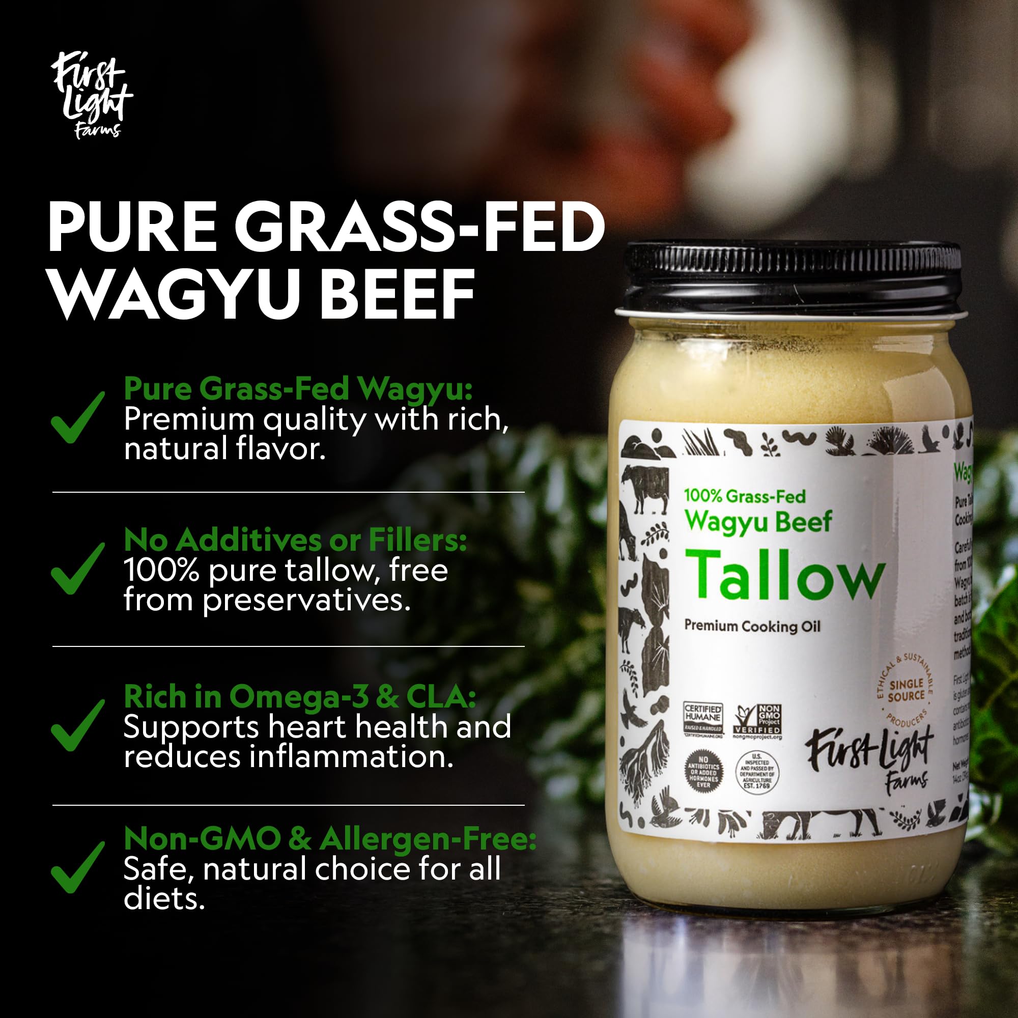 First Light Wagyu Tallow glass jar on counter, clean ingredient for keto meals