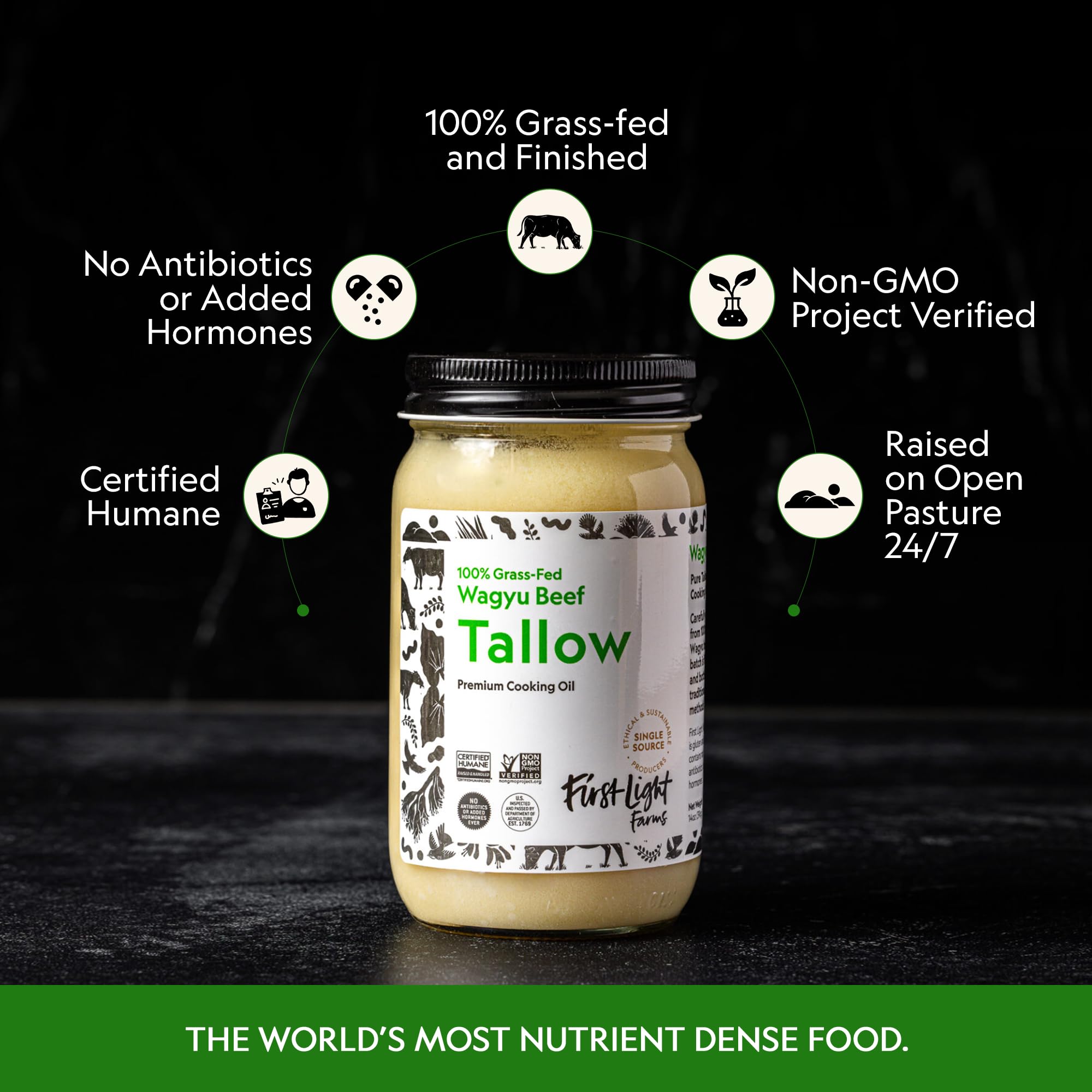First Light Wagyu Tallow label highlights humane sourcing and grass-fed quality