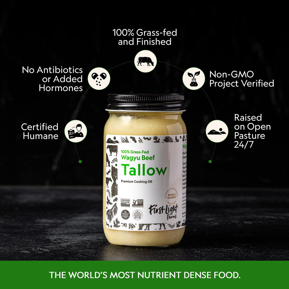 First Light Wagyu Tallow label highlights humane sourcing and grass-fed quality