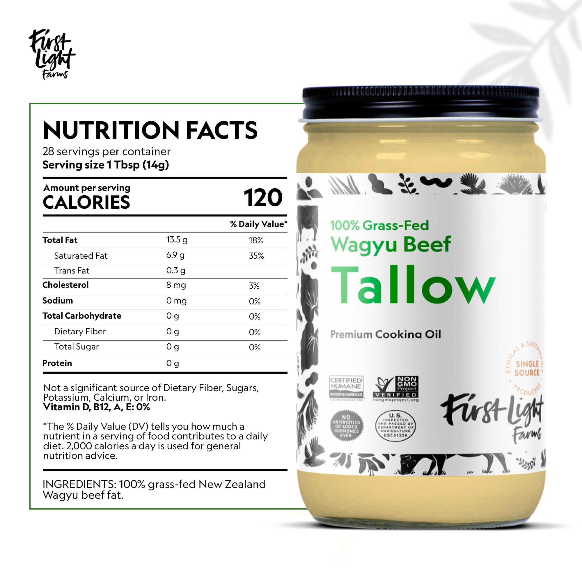 First Light Wagyu Tallow in a sizzling pan, ideal for high-heat searing