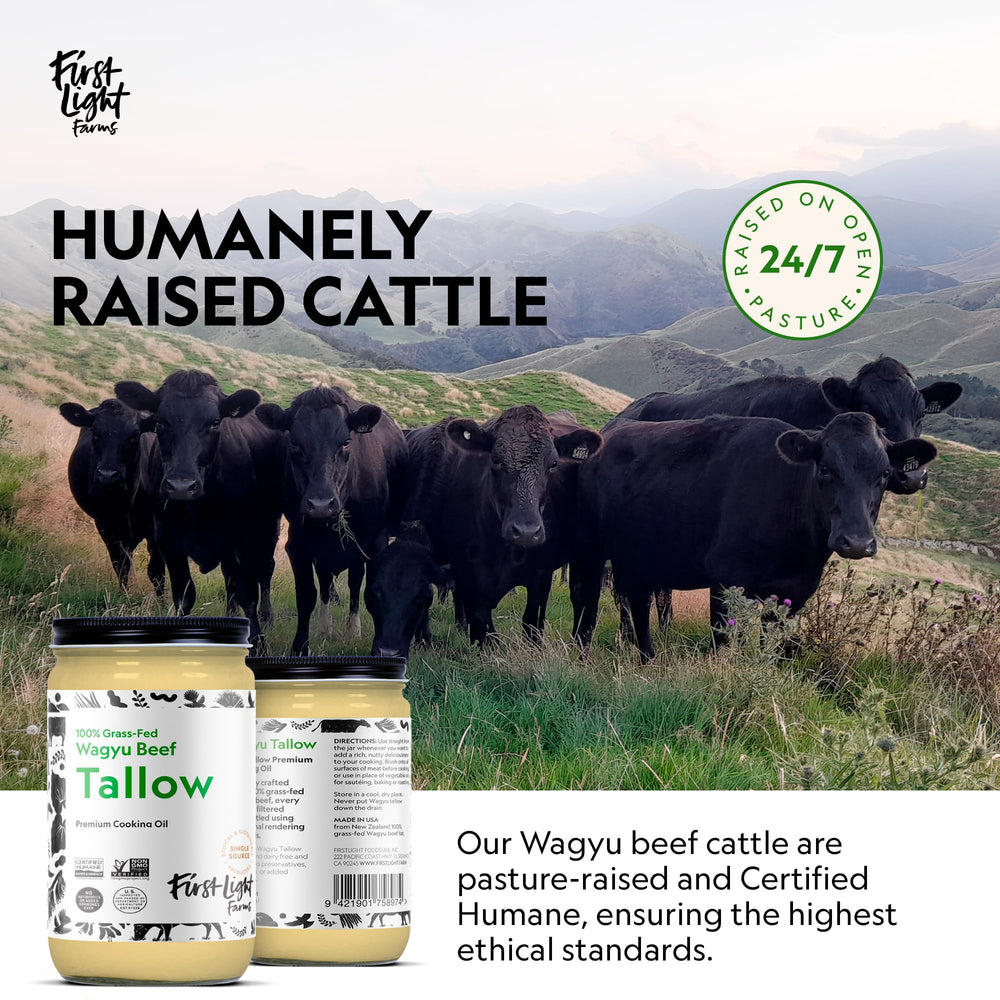 First Light Wagyu Tallow bottle shown for recipe ideas and simple uses