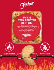 Fisher cashews 24-ounce canister on counter suggests pantry-ready, reusable packaging.