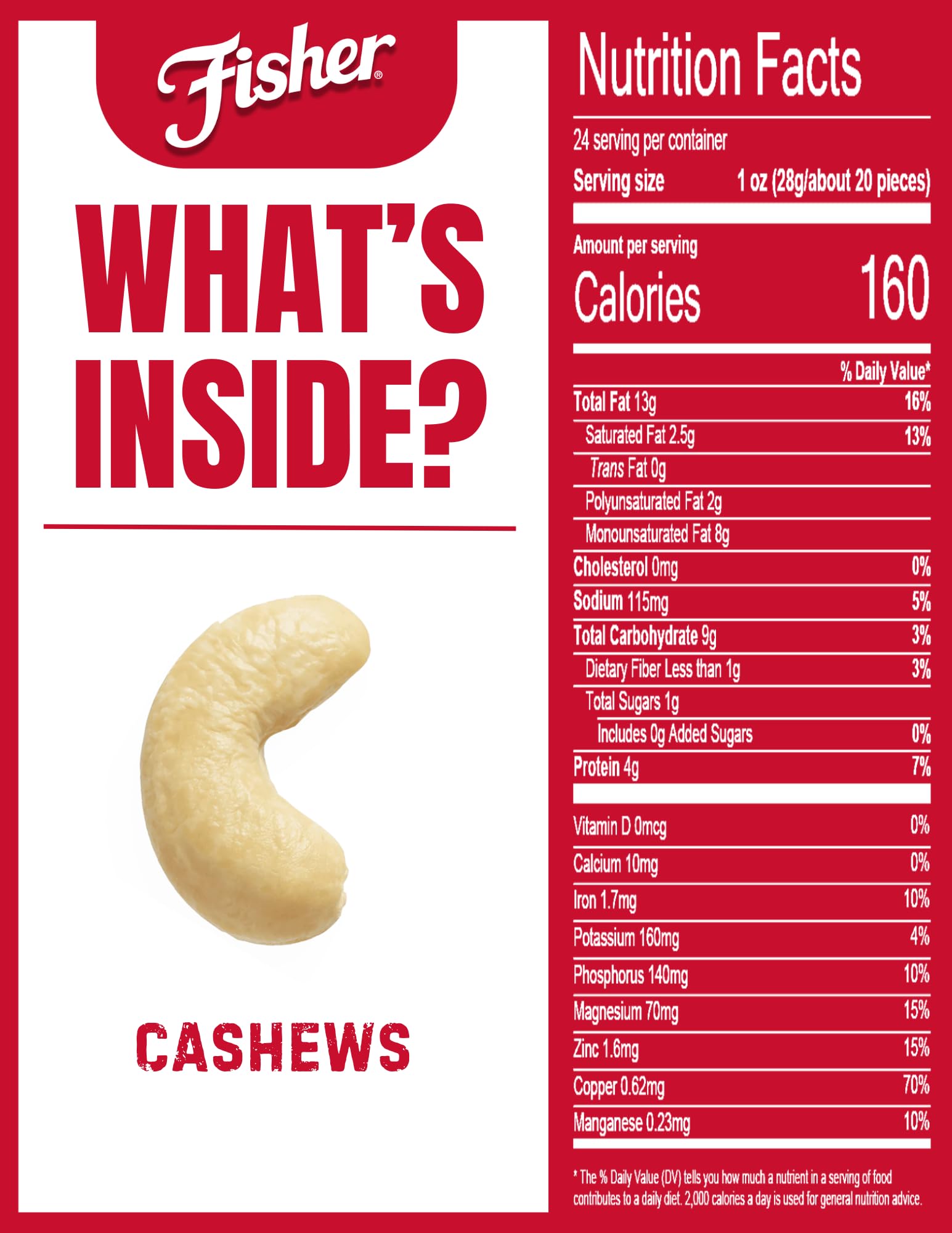 Fisher cashews close-up nuts highlight crunchy texture and sea salt flavor.