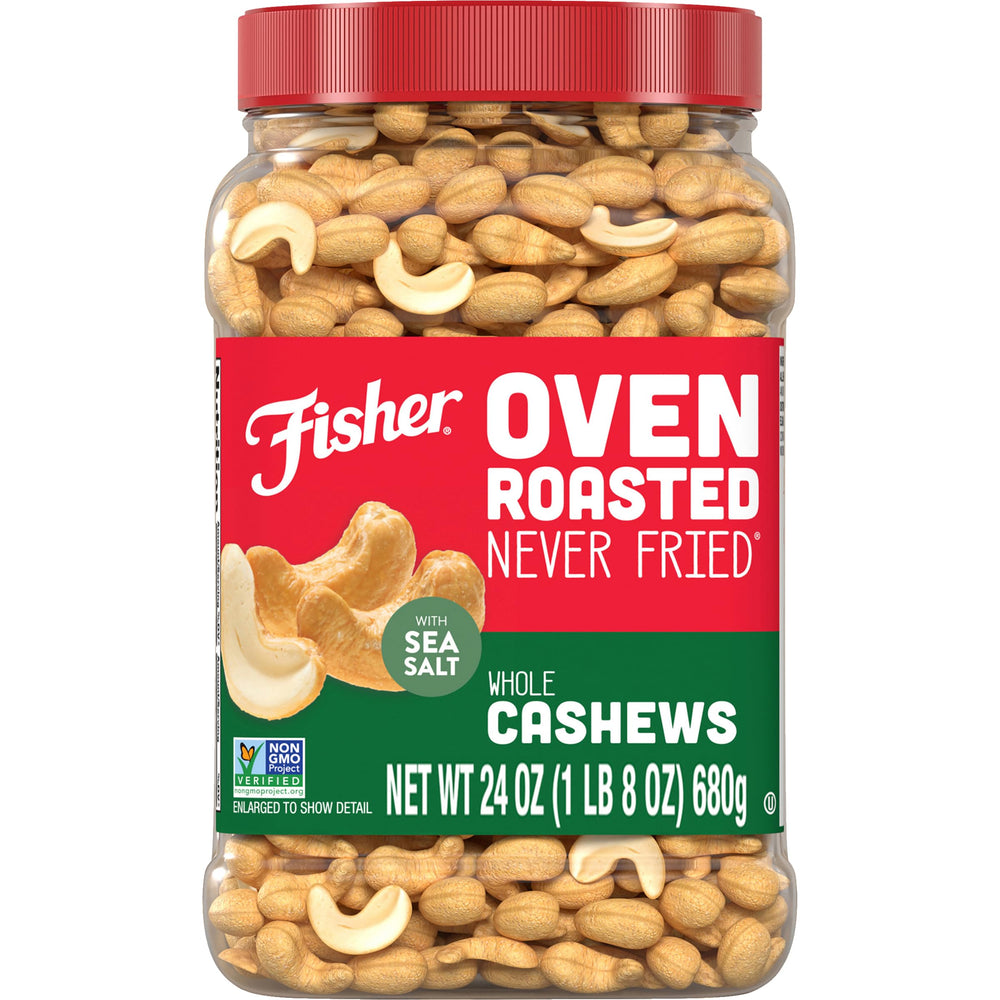 Fisher cashews in a jar front view show oven-roasted, oil-free goodness for on-the-go snacking.