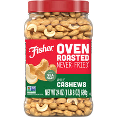 Fisher cashews in a jar front view show oven-roasted, oil-free goodness for on-the-go snacking.