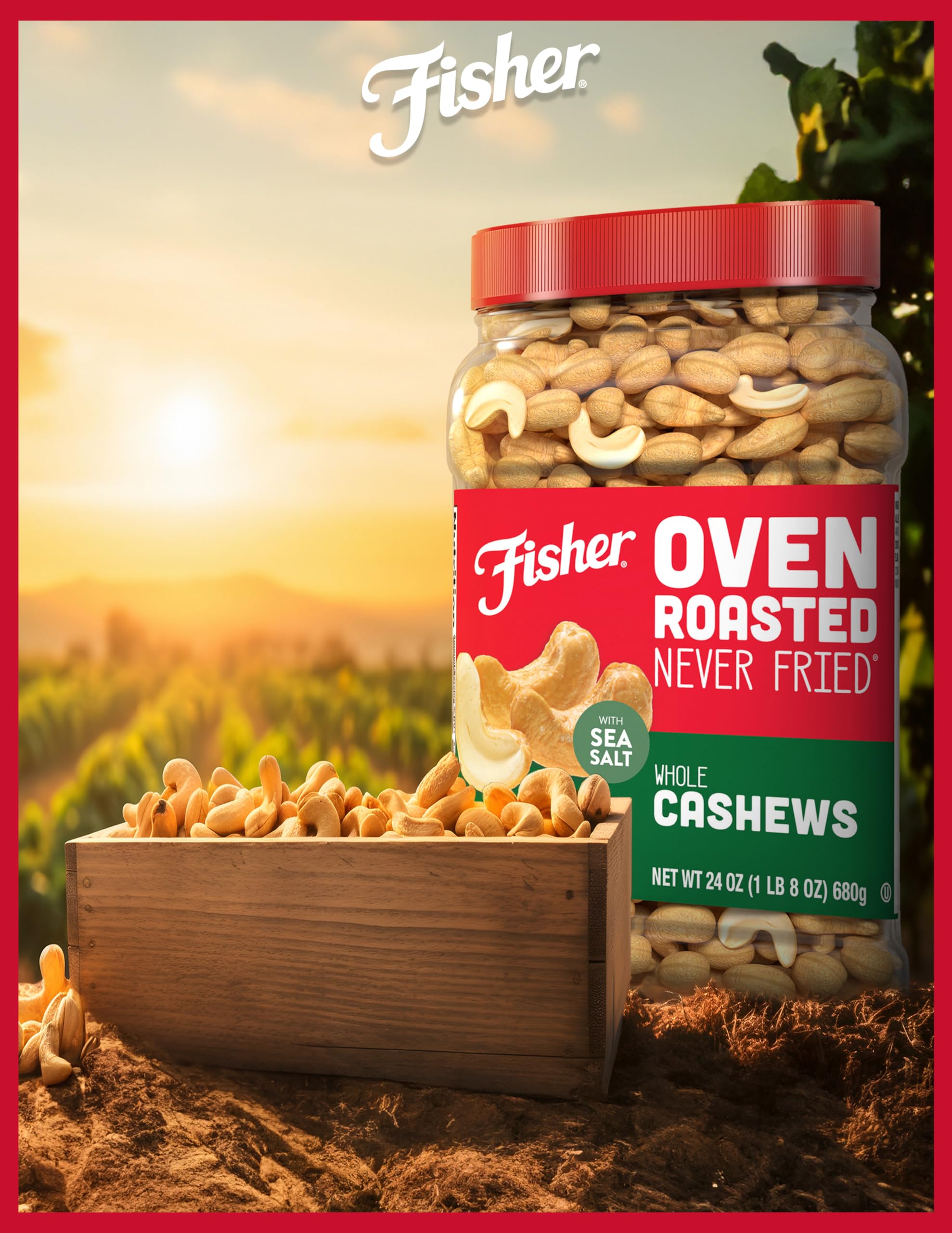 Fisher cashews on the go snacking image conveys convenient nutrition anytime.