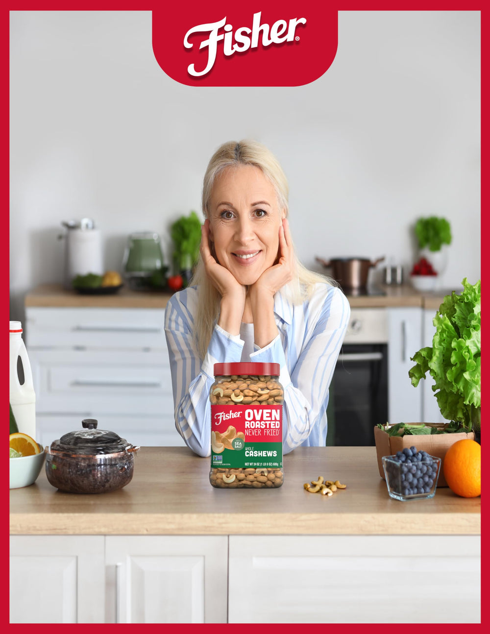 Fisher cashews party bowl display indicates shareable, tasty snack for gatherings.