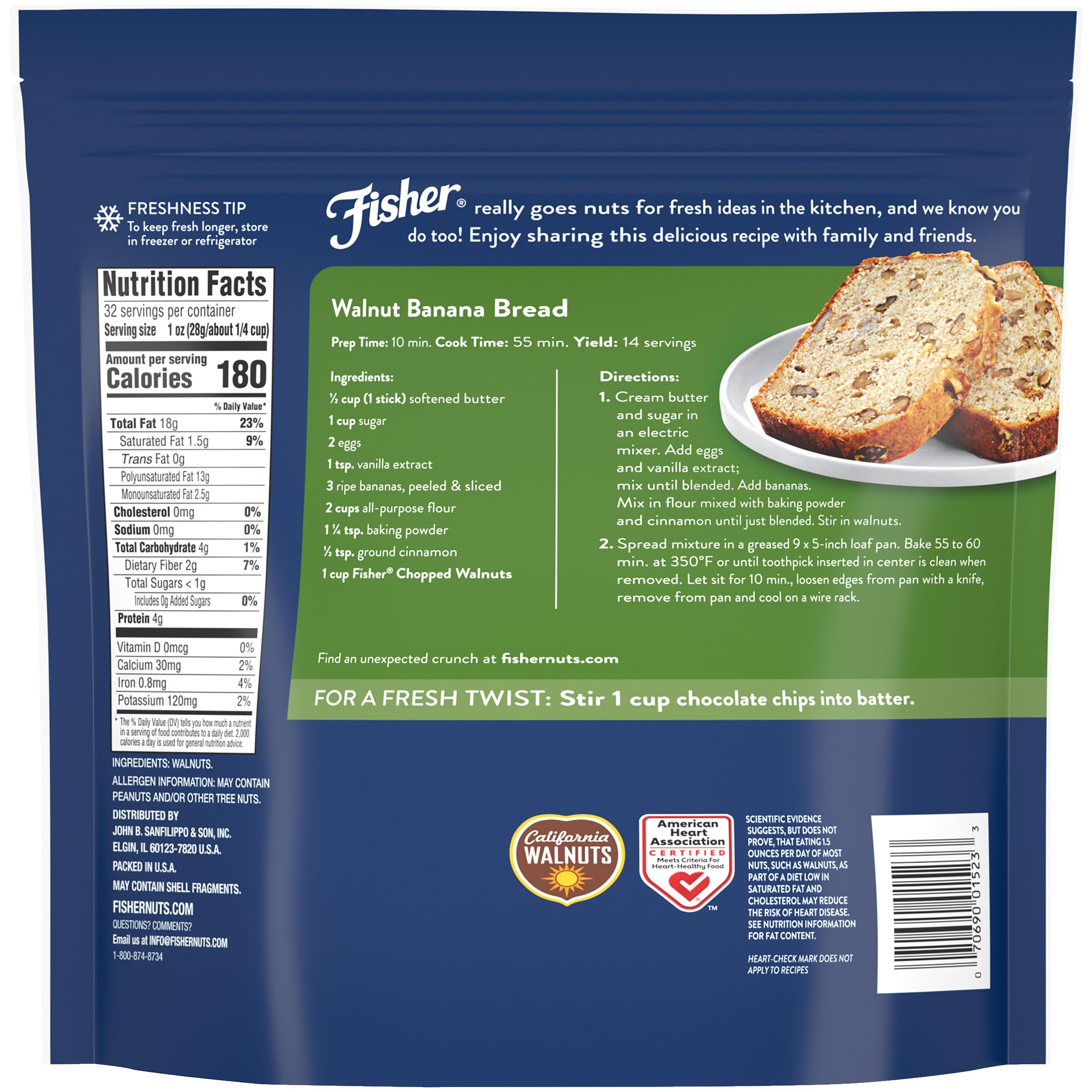 Chopped walnuts offer rich, nutty flavor ideal for baking with Fisher Chef's Naturals.